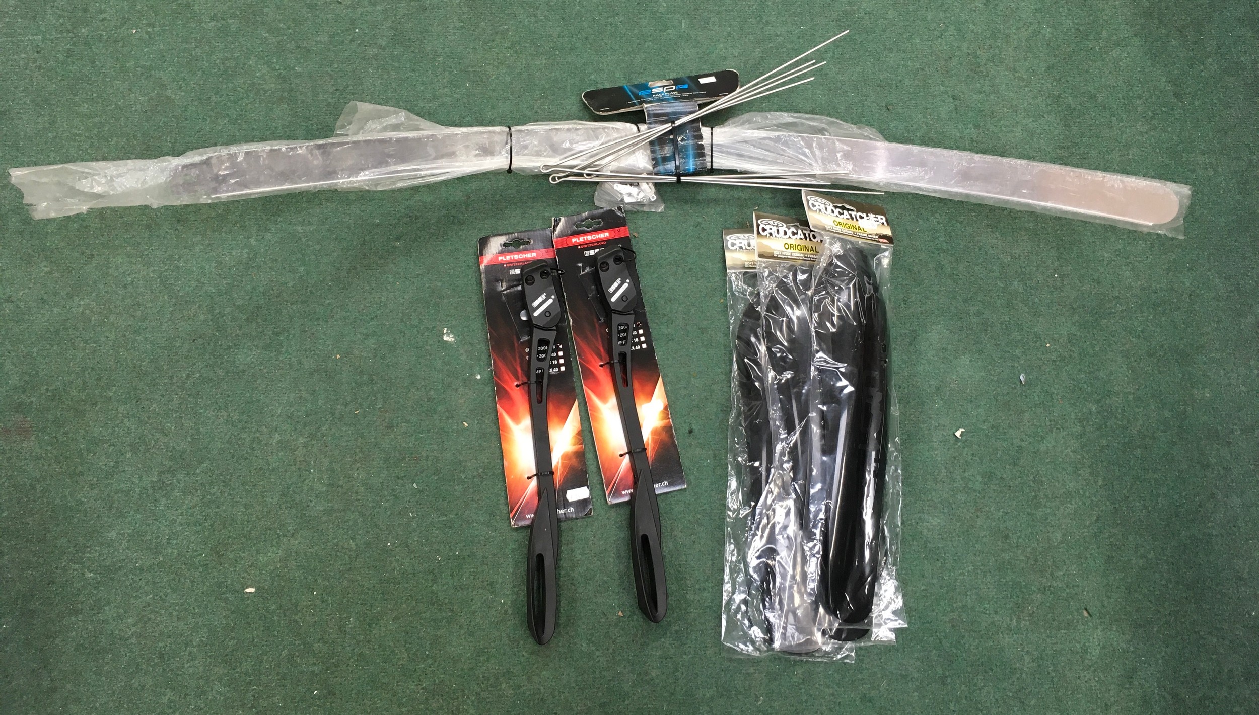 Mixed lot including new and carded cycle kickstands x 2, Crudcatcher mudguards x 3 and a set of RSPR