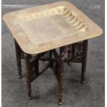 Vintage oriental carved folding table with removable brass top 46x48x49cm.