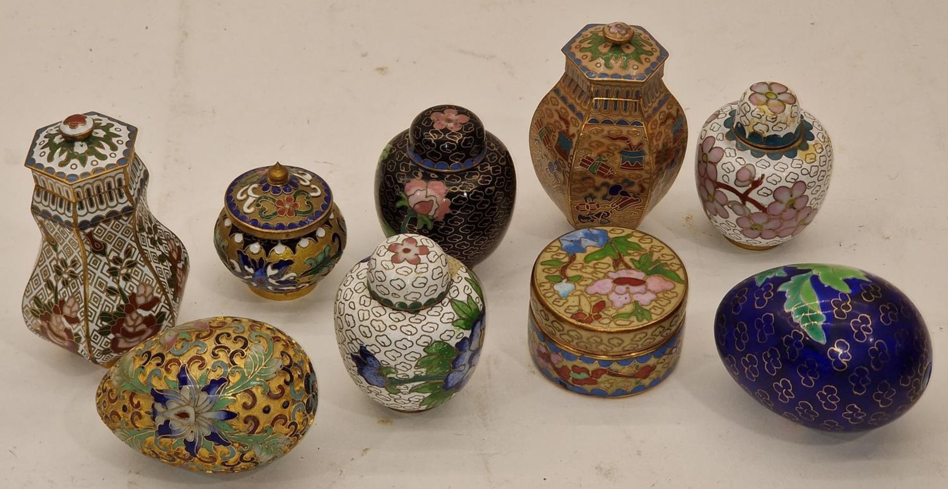 Quantity of miniature cloisonné lidded ginger jars together 2 eggs and a pill pot