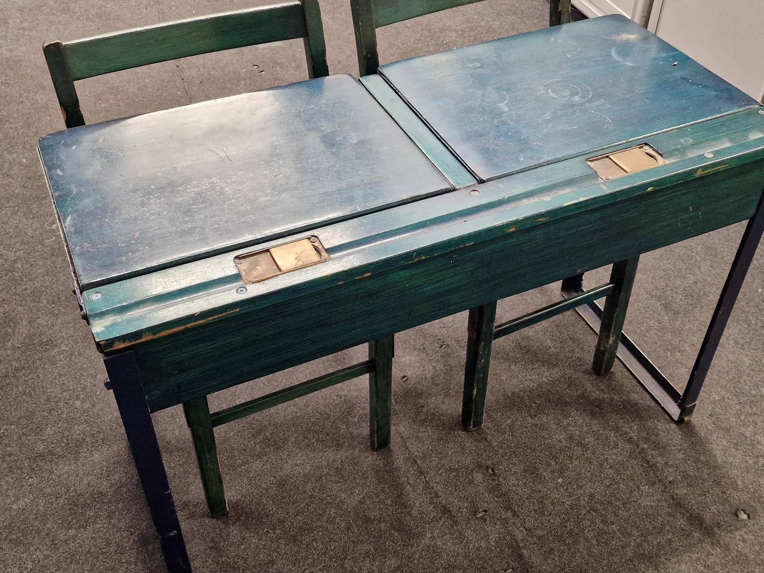 Vintage wooden Childs double school desk with brass inkwell covers, together 2 x chairs, desk is - Image 2 of 2