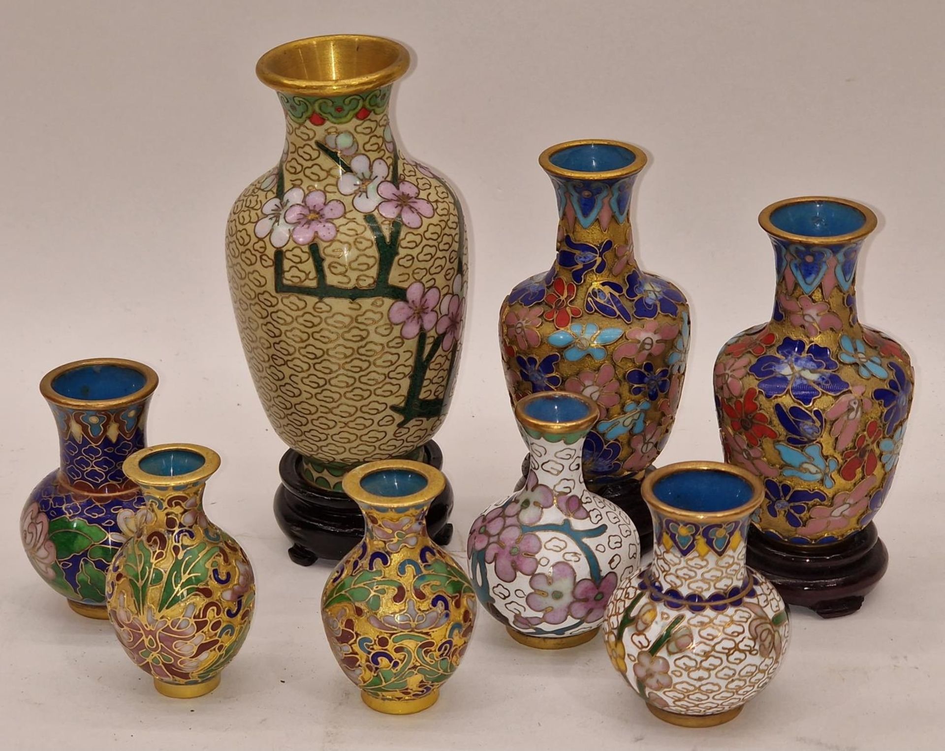 Quantity of miniature cloisonné oriental vases (8)