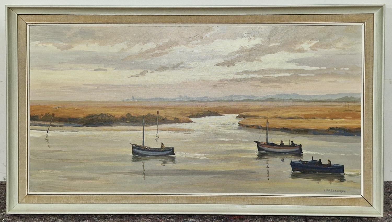 Irene Presswood: Vintage framed oil on board painting "Welk Boats Leaving on the Early Tide"
