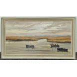 Irene Presswood: Vintage framed oil on board painting "Welk Boats Leaving on the Early Tide"