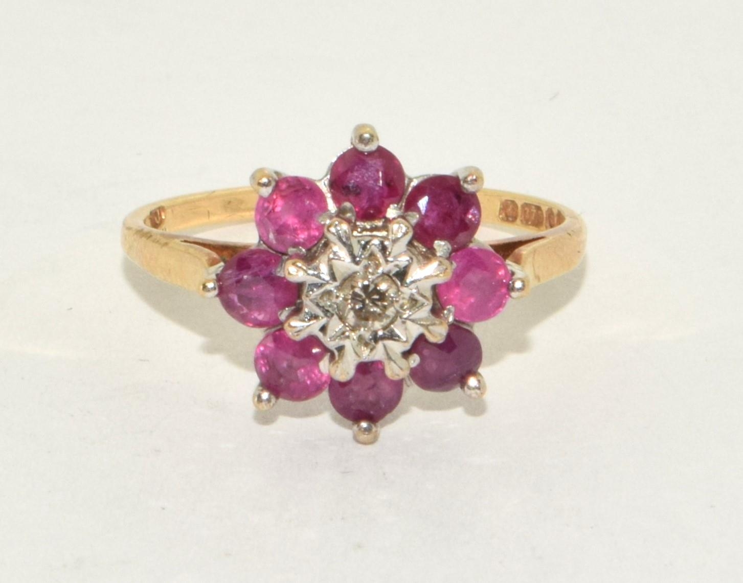 9ct gold ladies antique set Ruby and Diamond cluster ring size M - Image 5 of 5