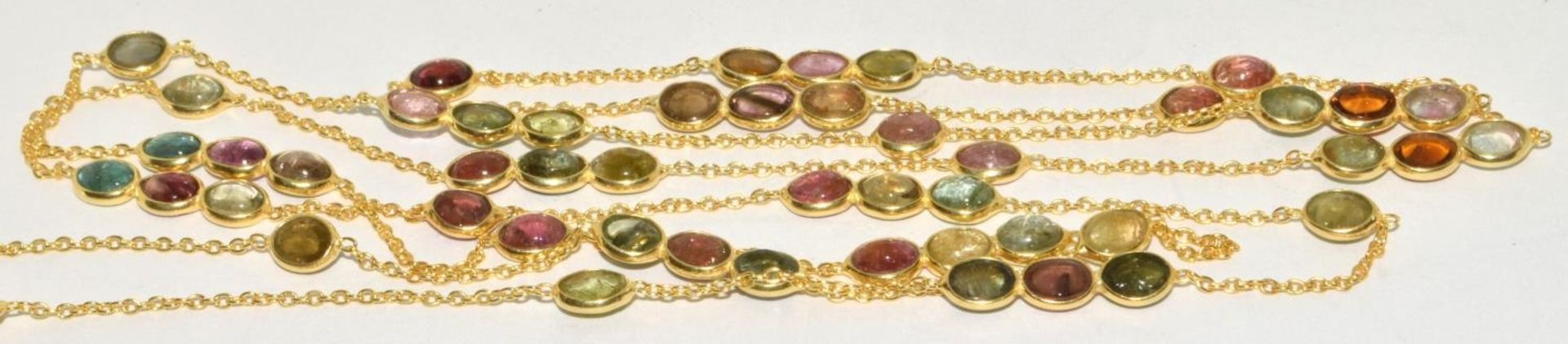 cabochon pink and green natural tourmaline gold on silver on long chain. - Image 4 of 4