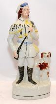 Large antique Staffordshire flatback figure - Huntsman and hound. 34cms tall