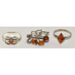 2 x Honey Amber 925 silver rings and brooch