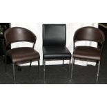 Pair of tub back chairs in chrome and dark brown PU leather by Hulsta, c/w another chair by Hulsta