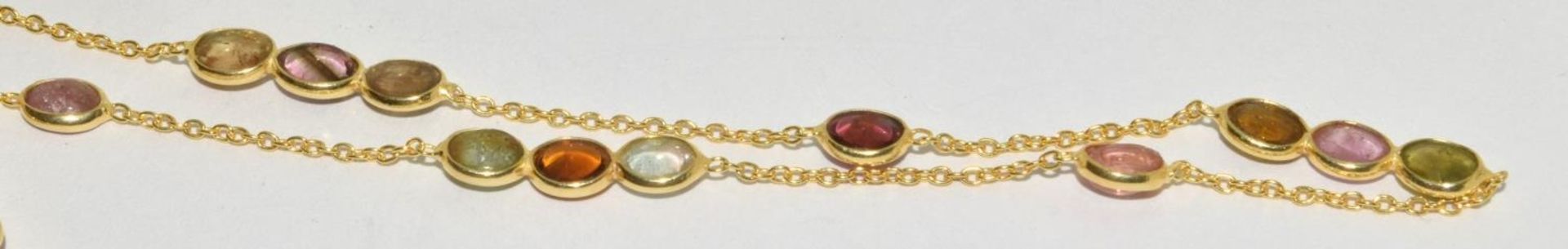 cabochon pink and green natural tourmaline gold on silver on long chain. - Image 3 of 4