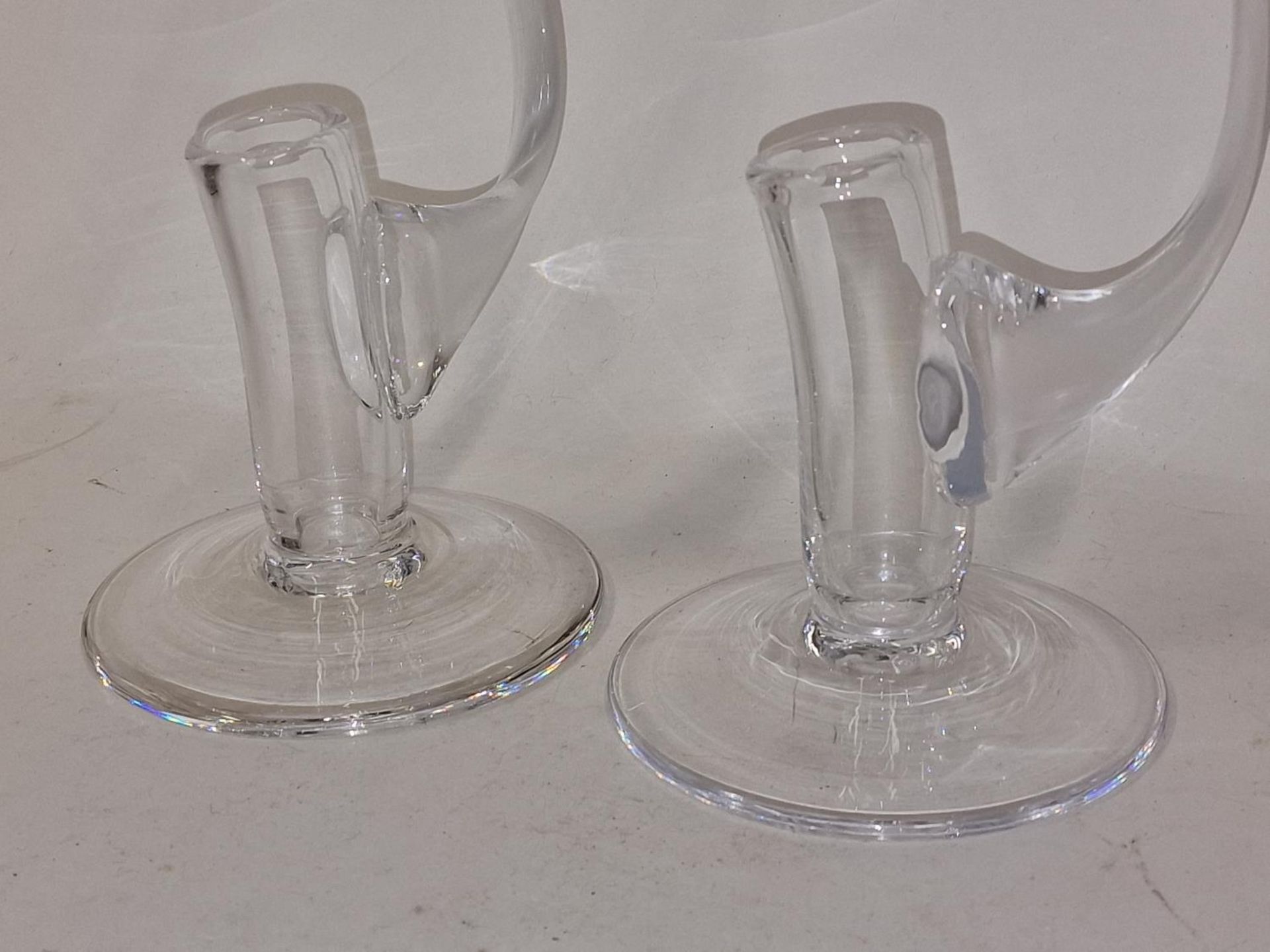 Pair of handcrafted crystal glass candlestick holders 12" and 11 1/2" made by TVG in England. - Image 3 of 3