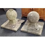 2 x large stone ball pillar finials on plinth bases 55x55x55cm (inspect)