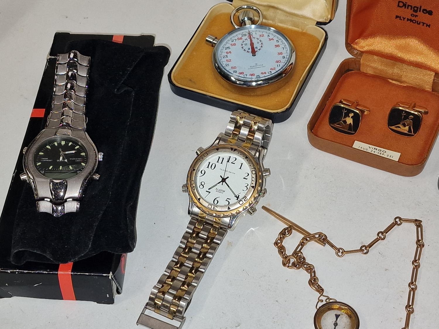 Unmarked chain with 9ct gold compass together with wristwatches, stop watch and cufflinks. - Image 2 of 4