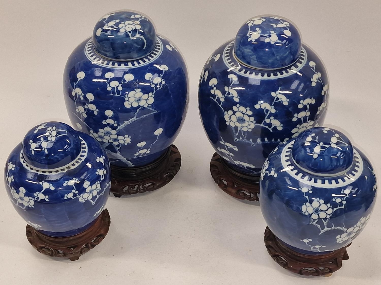 Two pairs of blue and white Chinese ginger jars on wooden stands (one lid af). - Image 2 of 3
