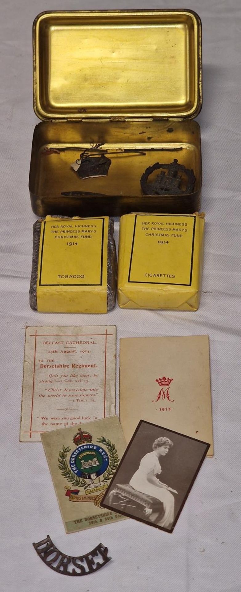1914 Queen Mary Christmas tin with contents.