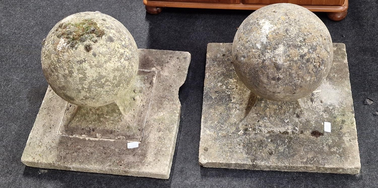 2 x large stone ball pillar finials on plinth bases 55x55x55cm (inspect) - Image 2 of 3