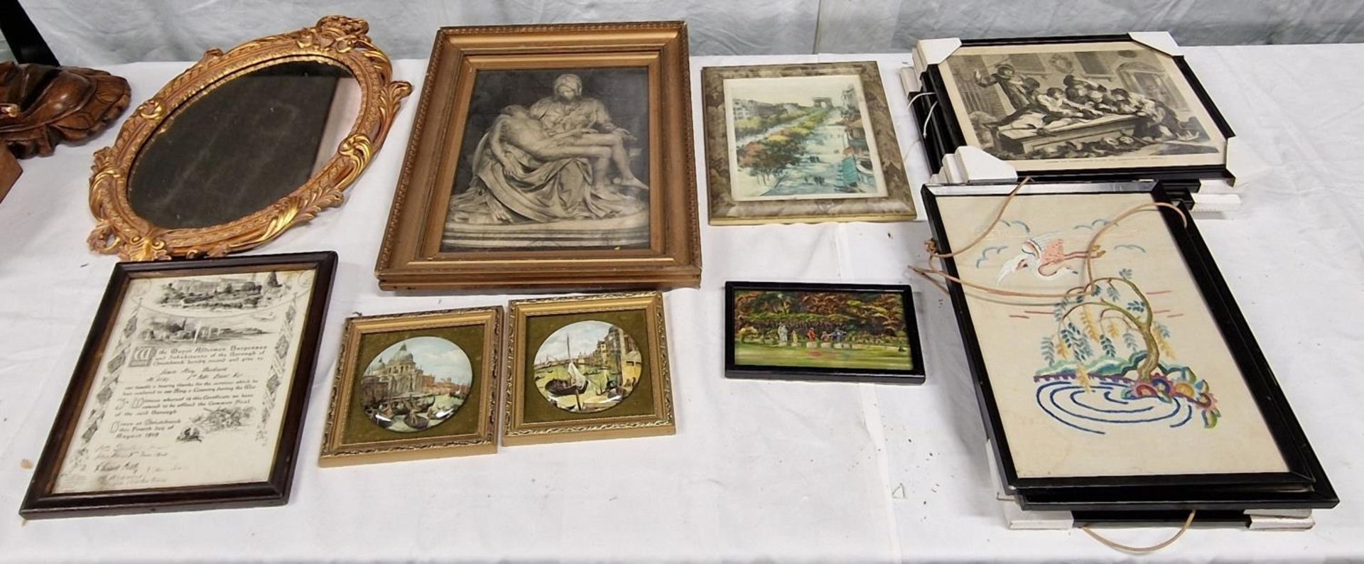 Collection of framed pictures together with a gilt framed mirror.