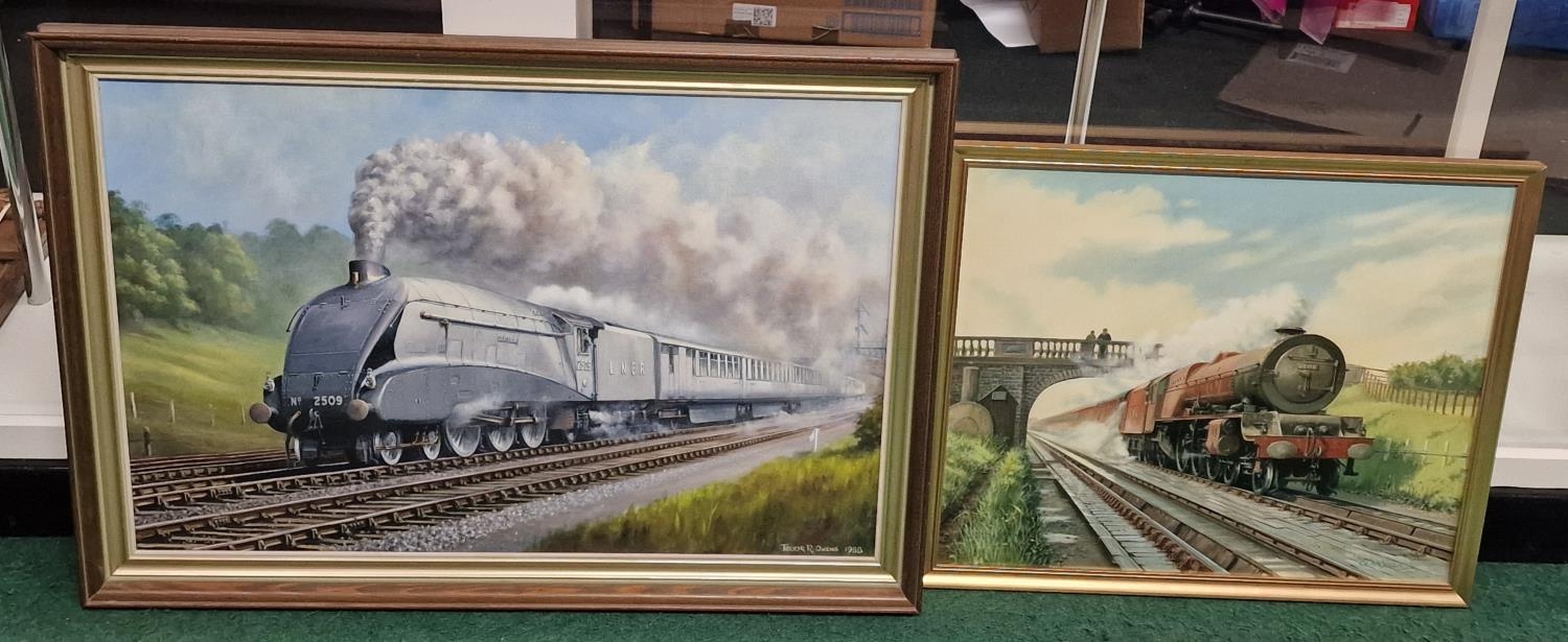 Two railway related framed paintings the largest measuring 85x60cm.
