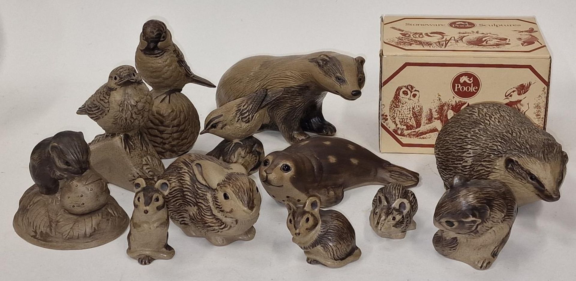Poole Pottery collection of Barbara Linley Adams stoneware animals to include birds, badger,