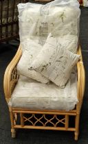 Cane conservatory chair with padded seating and two cushions to match 95x70x70cm