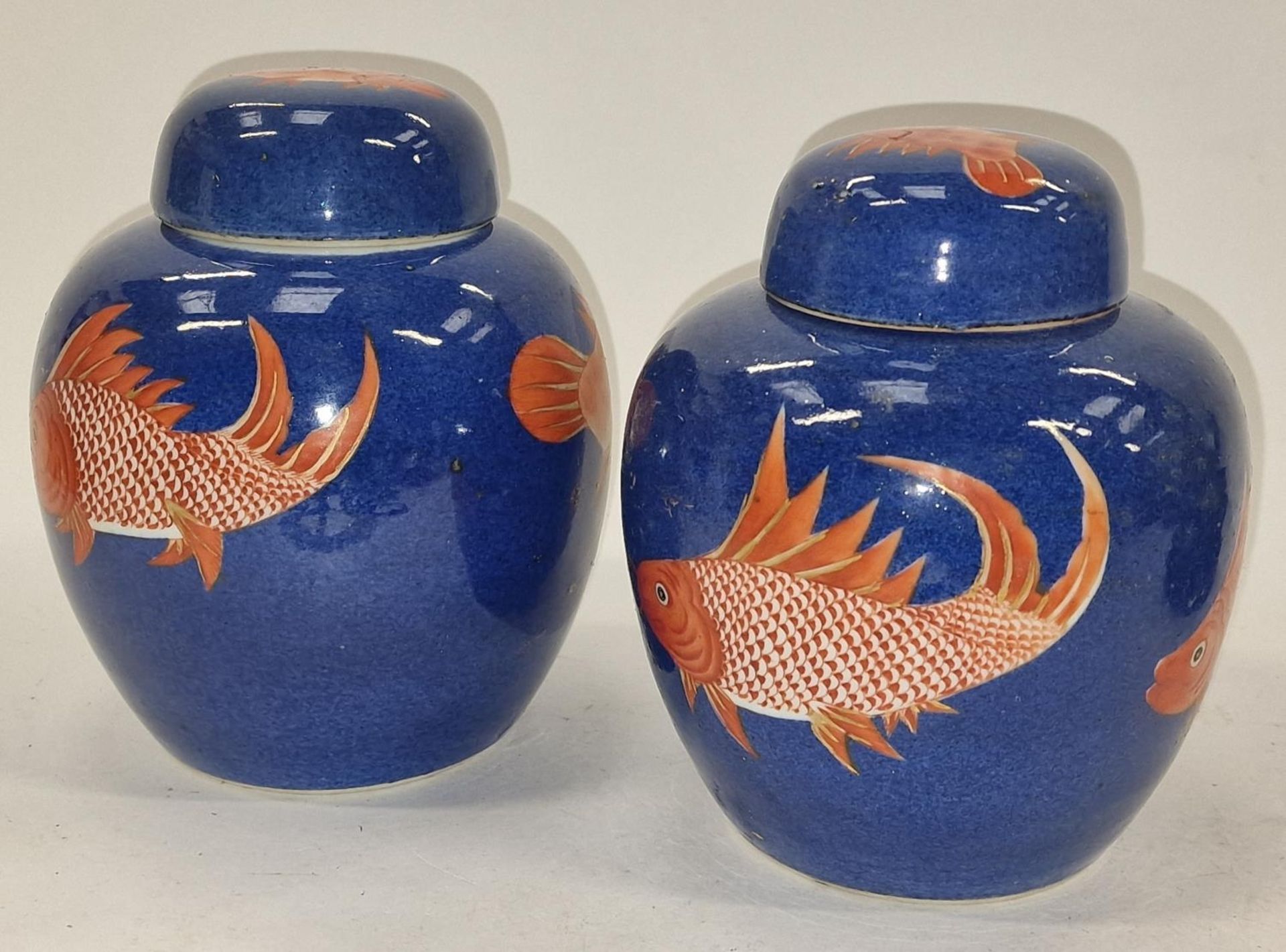 Pair of Oriental Chinese cobalt blue ginger jars decorated with fish on wooden stands each approx - Image 2 of 4