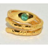 Natural emerald and gold on silver snake ring Size P.