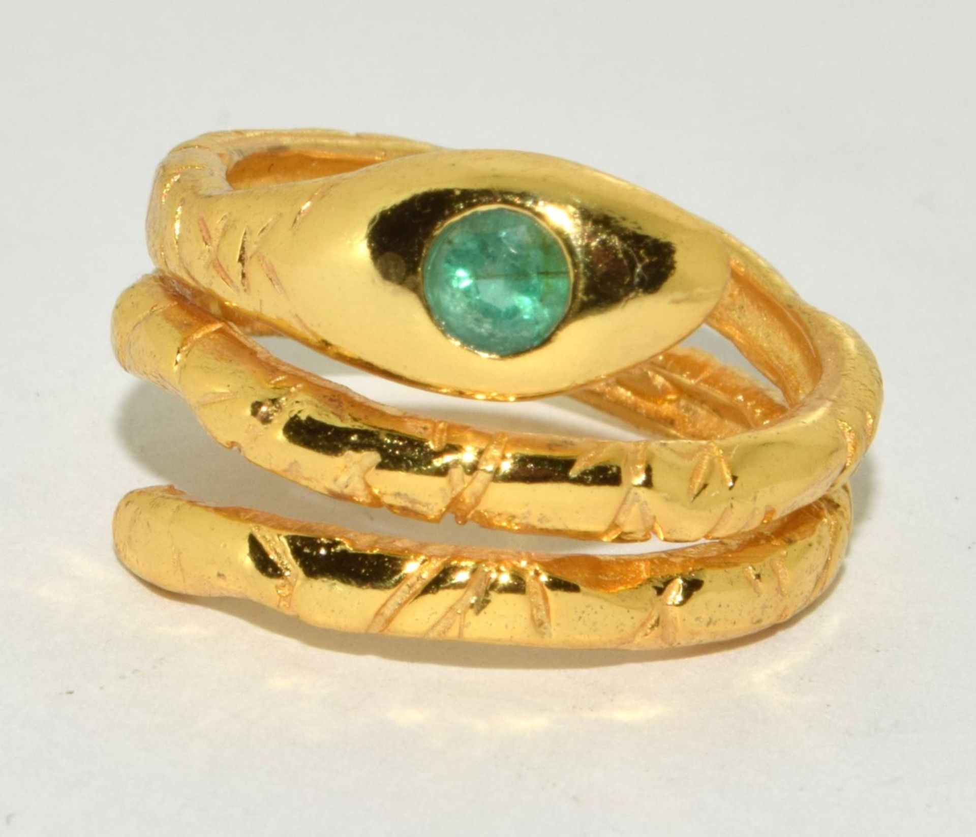 Natural emerald and gold on silver snake ring Size P.