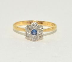 Old Art deco sapphire and diamond 18ct gold and platinum ring Size P