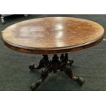 Victorian burr walnut oval tilt top loo table on ornate four column base with castors 74x120x88cm.