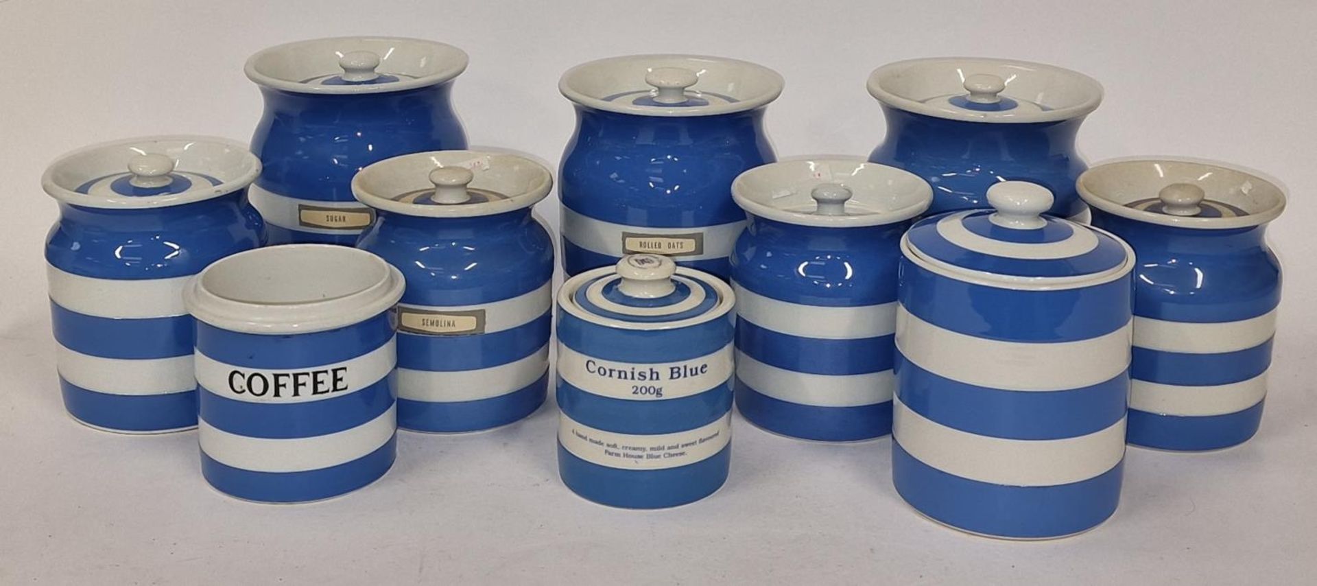 T.G Green & Co. collection of blue and white Cornish Ware kitchen storage jars of different sizes (