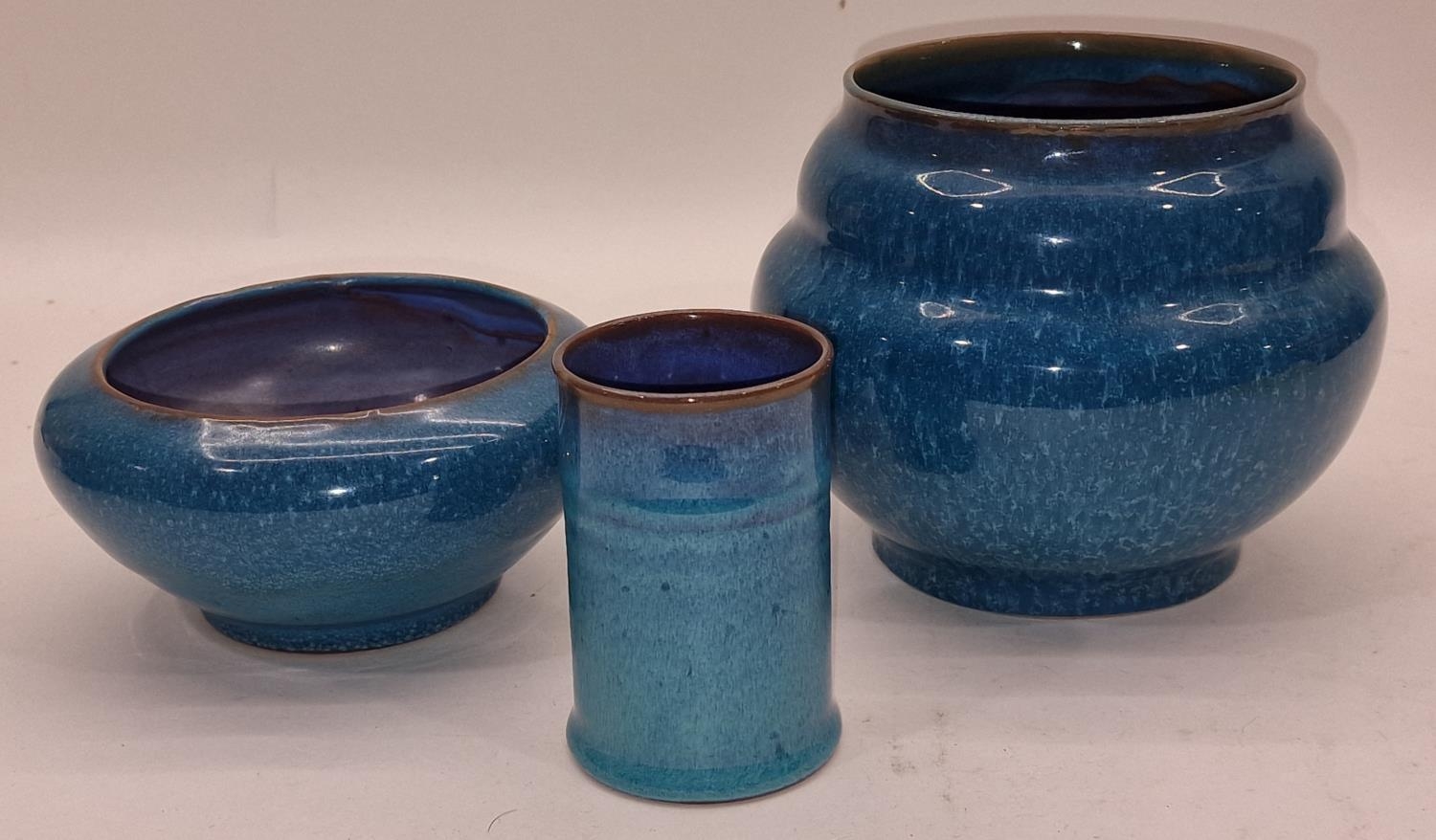 Poole Pottery Carter Stabler Adams Chinese Blue Glaze three pieces.