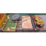 Collection of vintage toys to include two shove 1/2 penny boards, table football, die cast cars etc.