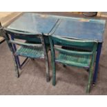 Vintage wooden Childs double school desk with brass inkwell covers, together 2 x chairs, desk is