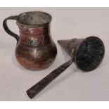 18th century "pointer" ale warmer in copper with wooden handle together with an antique well used
