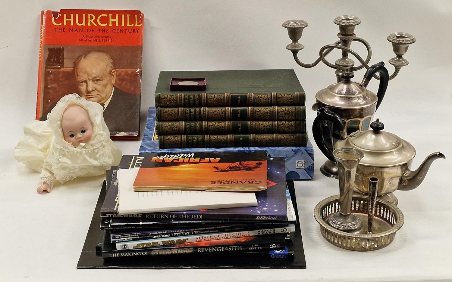 Mixed lot to include Churchill book and coin, gardening books, Star Wars books, toy doll and some