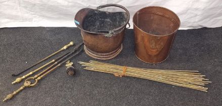 Copper helmet style coal scuttle, round coal box, brass fire utensils and a quantity of brass