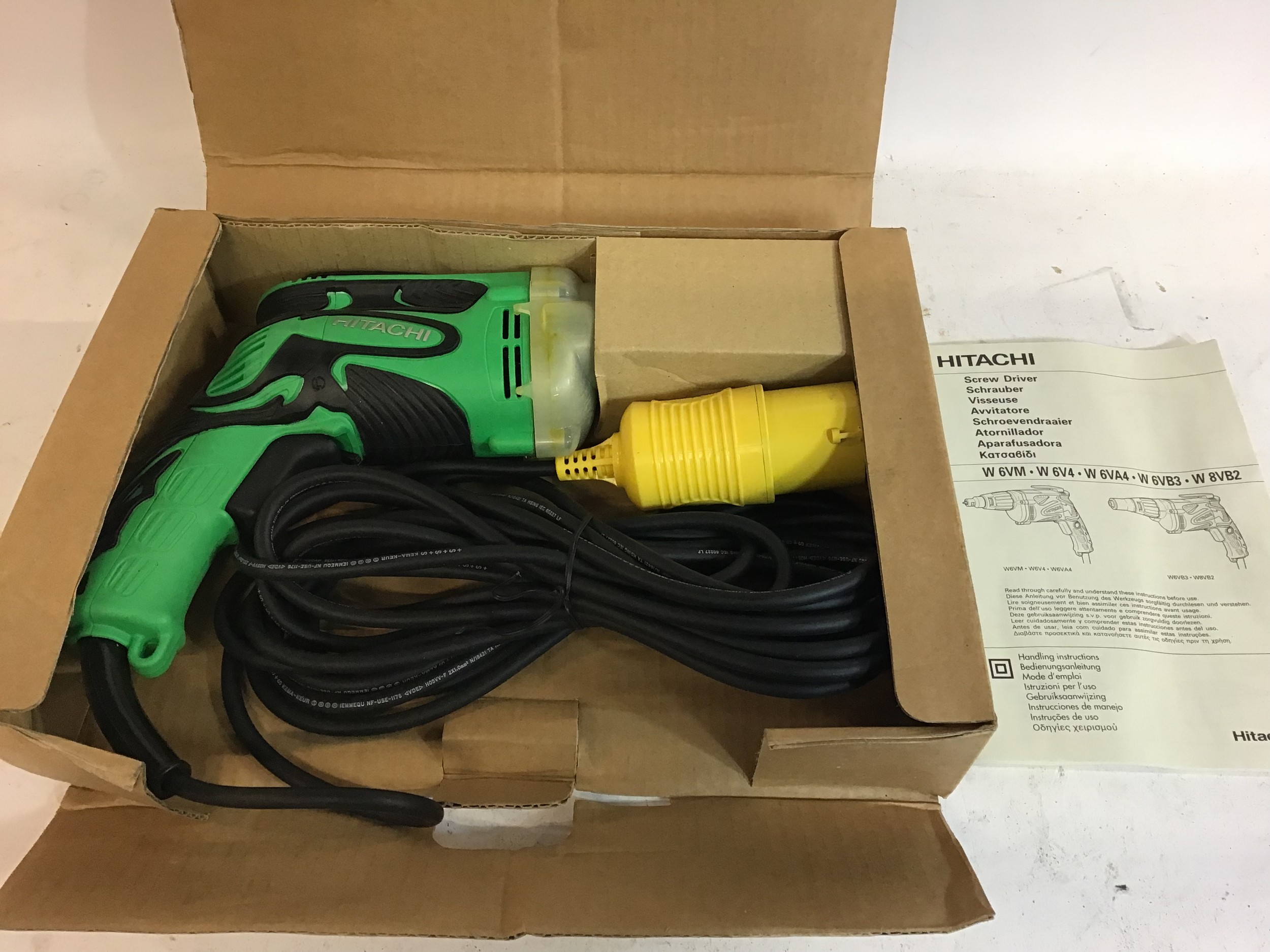 Hitachi W8VB2 professional electric screw driver found here in original box with instruction book.