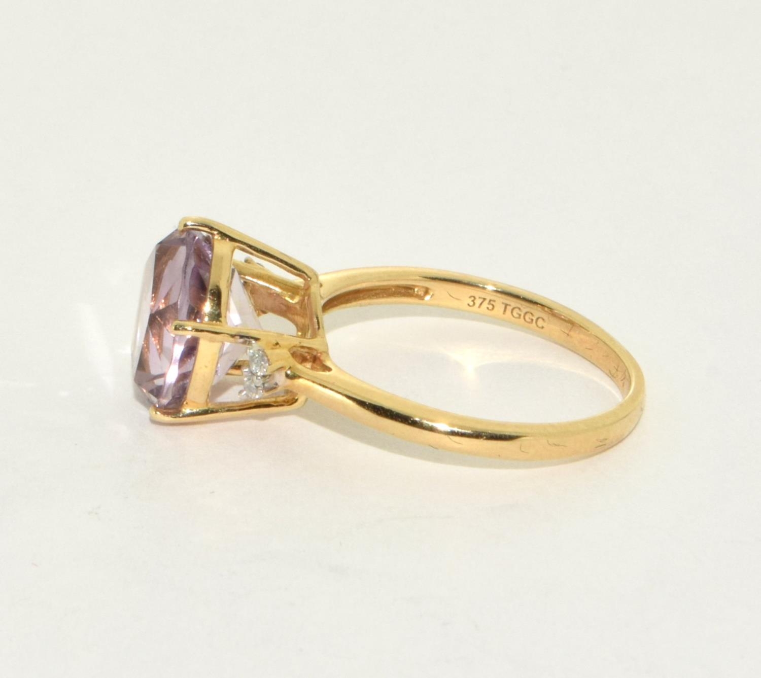 9ct gold ladies Large Amethyst solitaire with of set Diamond ring size N - Image 2 of 5