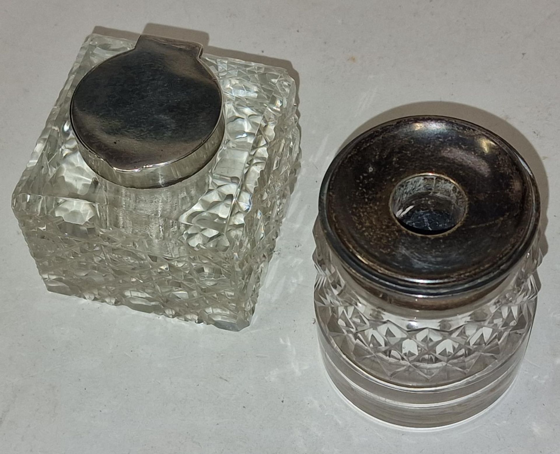 Two Victorian silver topped glass inkwells London 1897 and Chester 1899. - Image 2 of 5