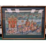 Large Thai Indian painting from folk tales, signed to bottom right corner oil on canvas 110x85cm