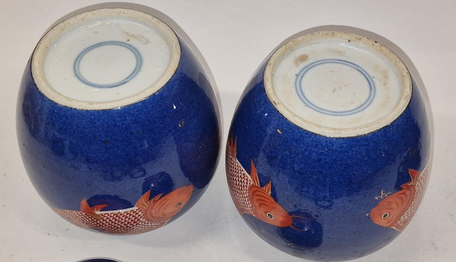 Pair of Oriental Chinese cobalt blue ginger jars decorated with fish on wooden stands each approx - Image 4 of 4