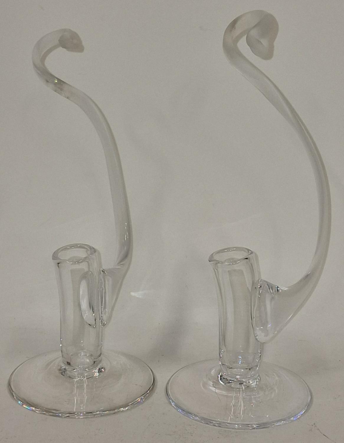 Pair of handcrafted crystal glass candlestick holders 12" and 11 1/2" made by TVG in England.