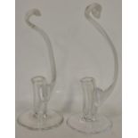 Pair of handcrafted crystal glass candlestick holders 12" and 11 1/2" made by TVG in England.