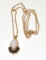 9ct gold ladies Opal and Sapphire pendant necklace with a chain 40cm
