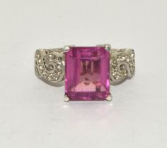 A 925 silver ring set large square cut pink stone, Size N