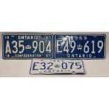 3 x vitreous Canadian car number plates from the 1960s 30x15cm each