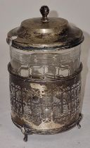 JW Benson Ltd Antique glass preserve pot in silver hallmarked holder with lid, London 1912.