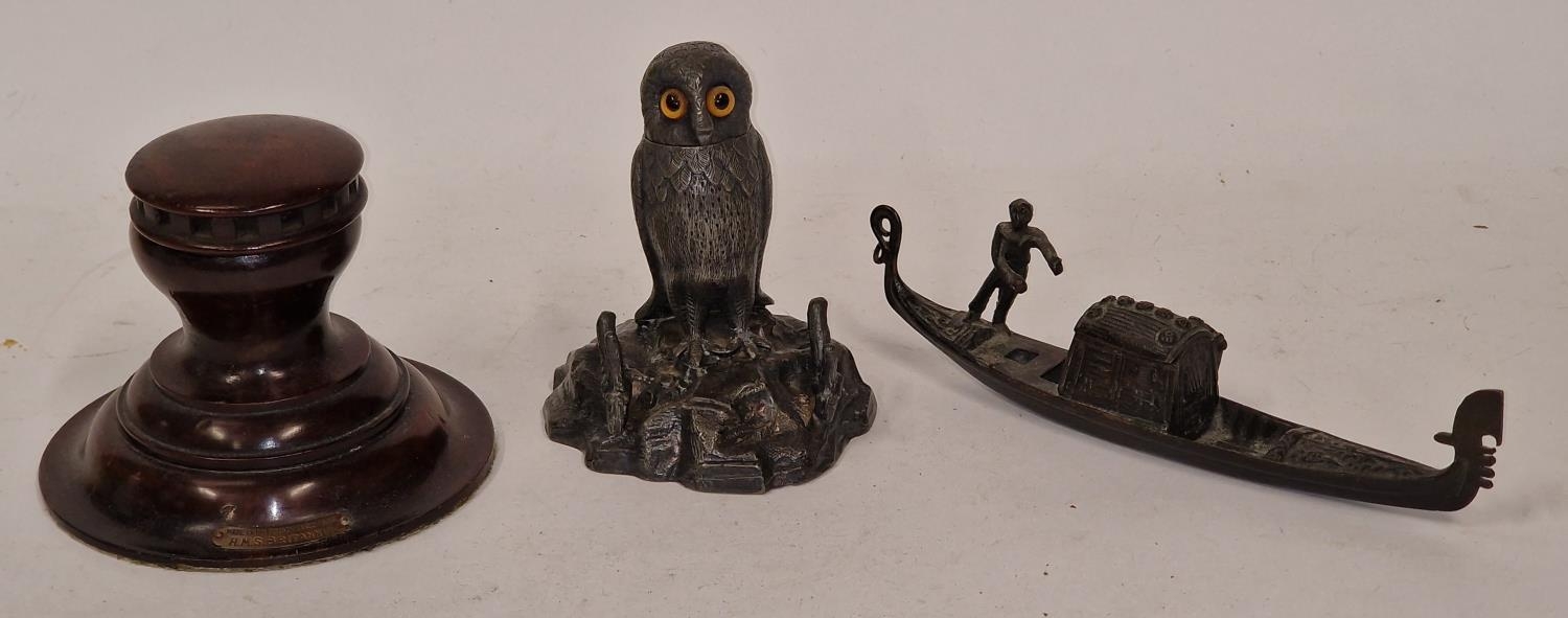 Collection of three unusual vintage inkwells to include one crafted from the oak of the H.M.S.
