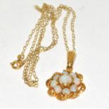 9ct gold ladies Opal cluster pendant necklace with a chain 40cm long