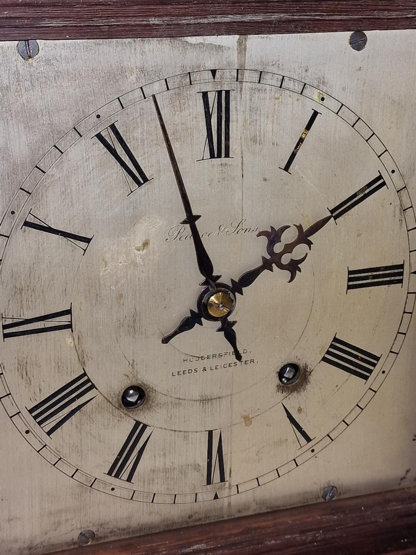 Antique Pearce & Sons oak carved chiming table clock includes key and pendulum. - Image 2 of 3