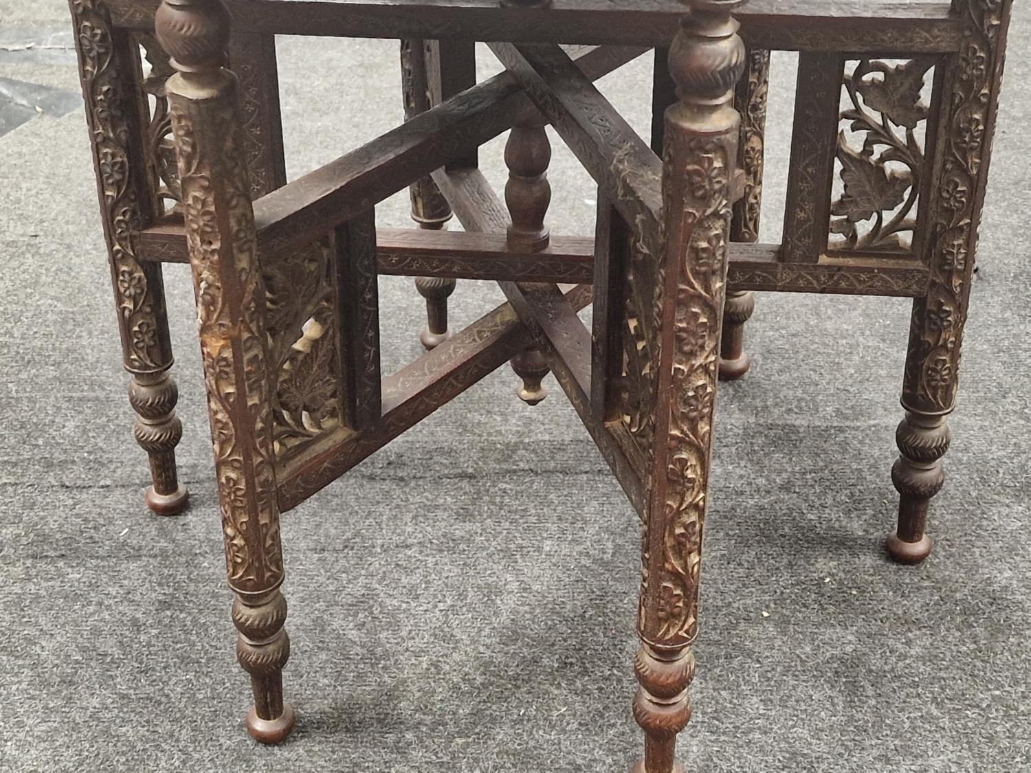 Vintage oriental carved folding table with removable brass top 46x48x49cm. - Image 3 of 3